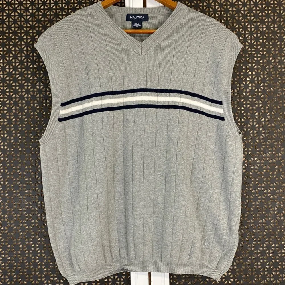 Mens Nautica Grey Sleeveless V Neck Pullover Sweater Size Medium